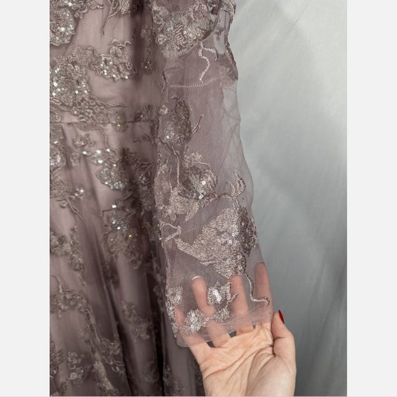 NWT $598 Mac Duggal [ 20 ] Embroidered Illusion High Neck A Line Gown Lilac Mauv - Picture 6 of 15